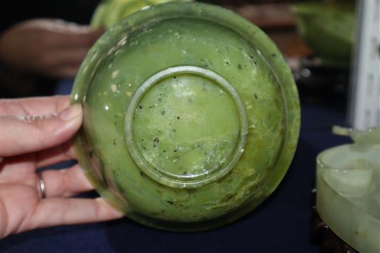 A Chinese bowenite jade brushwasher and a pair of hardstone bowls